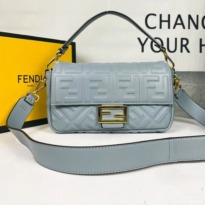 Cheap HOT Nappa Leather Motif Blue Sky Medium FF In Baguette Fendi Bag 0812